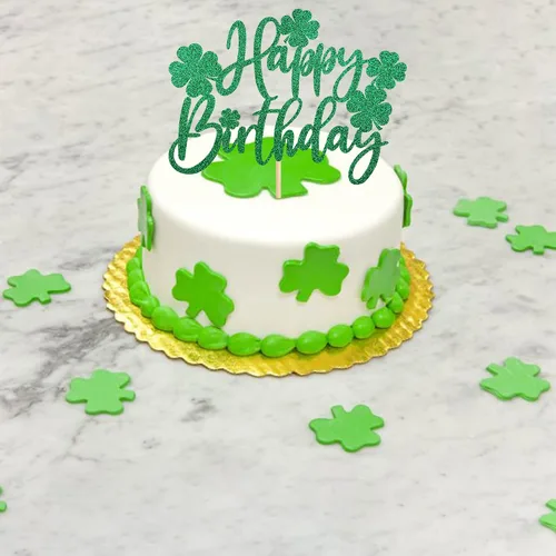 Vista 5 de 1 paquete de decoración para pastel de cumpleaños del día de San Patricio con purpurina verde de trébol de la suerte de cuatro hojas, trébol