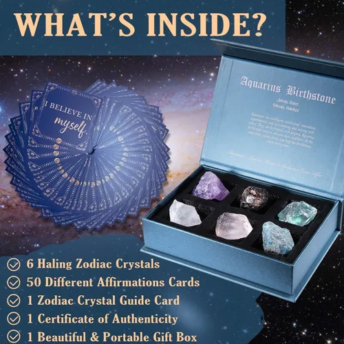 Vista 5 de Faivykyd Regalo de cristales de acuario para mujer, 6 piedras del zodiaco de acuario con 50 tarjetas de afirmación de mantras milagrosos, regalos
