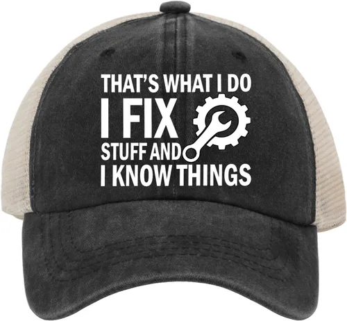Vista 8 de Sombrero con texto en inglés "I Fix Stuff and I Know Things, para hombre, diseño de cosas geniales