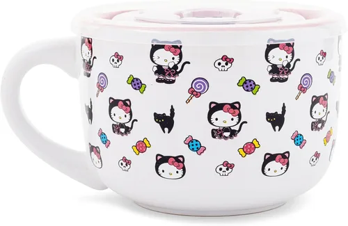 Vista 2 de Silver Buffalo Sanrio Hello Kitty Gato Negro - Taza de sopa de cerámica con tapa ventilada para helado, cereal, bebidas Capacidad de 710 cc