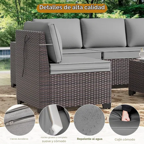 Vista 7 de Gotland Juego de muebles de patio de 6 piezas con 1 mesa auxiliar, 5 plazas de ratán seccional para exteriores con reposabrazos anchos de 29.5 Gris