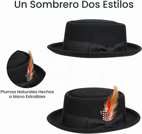 Vista 5 de Pork Pie Hat for Men/Women Wool Felt Fedora Boater Porkpie Flat Top Derby Black