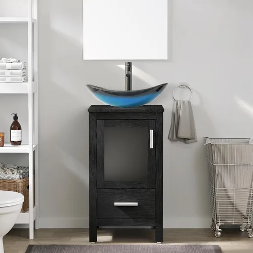 Vista 15 de eclife Armario de tocador de baño moderno de 18 pulgadas con lavabo Redondel negro