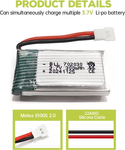 Vista 6 de Batería de litio de 5 unidades de 3.7 V 300 mAh 25C con cargador 5 en 1 para Syma X11 X11C WLToys V911S A120 XK A150 V966 FX801 UDI U830 U816A