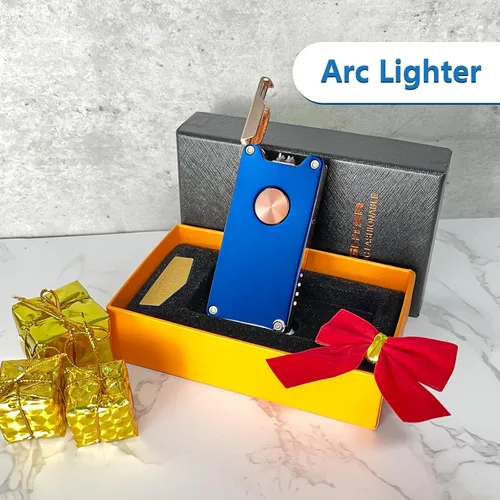Vista 6 de Encendedor eléctrico, encendedor de plasma de doble arco con indicador de batería LED, recargable, resistente al viento, sin llama, con caja de Azul