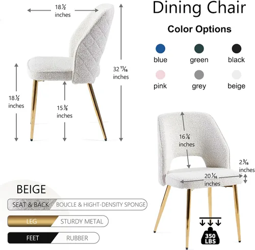 Vista 3 de NORDICANA Juego de 2 sillas de comedor modernas, sillas acentuadas tapizadas en beige bouclé con patas doradas de metal, sillas laterales