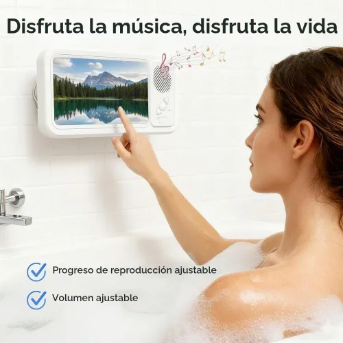 Vista 6 de Soporte para teléfono de ducha con altavoz Bluetooth inalámbrico, soporte impermeable para teléfono con altavoz, funda de teléfono de ducha