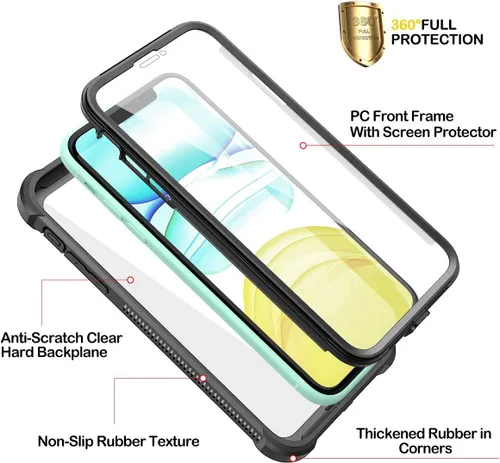 Vista 2 de Dexnor Funda para iPhone 11 con protector de pantalla, transparente, resistente 360, protección de cuerpo completo, a prueba de golpes, parte