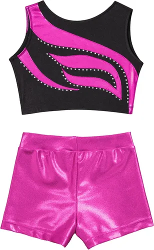 Vista 3 de Conjunto deportivo de 2 piezas para niñas, camiseta sin mangas brillante con pantalones cortos, para gimnasio, deportes, leotardo, entrenamiento