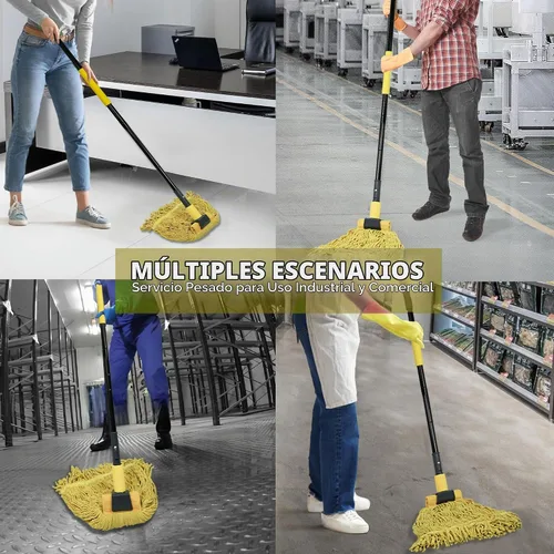 Vista 4 de JEHONN Trapeador comercial industrial resistente con mango de 57.5 pulgadas de largo, trapeador profesional de algodón húmedo seco para limpiar