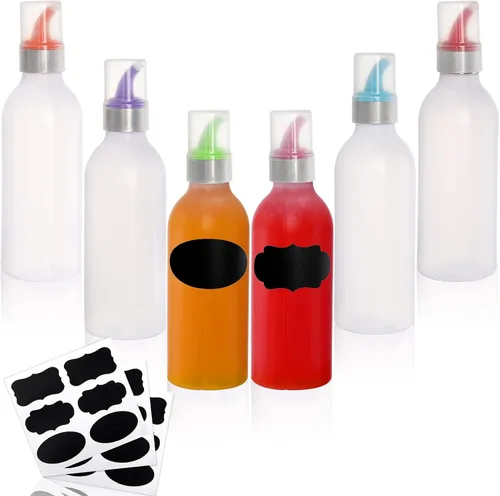 Vista 2 de Lawei Paquete de 6 botellas de plástico para condimentos de 15 onzas, botellas de plástico con tapas y puntas de colores, perfectas