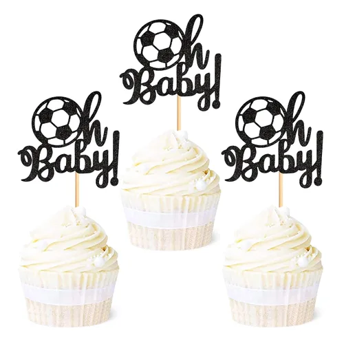 Vista 8 de Ercadio Paquete de 24 adornos para cupcakes de fútbol americano Oh Baby - Púas de rugby con purpurina negra para temática deportiva, baby shower