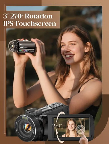 Vista 8 de ZYDIIE Videocámara 4K UHD 64MP Vlogging Cámara para YouTube 18x Zoom digital 3 pulgadas, rotación de 270°, pantalla táctil IPS videocámara