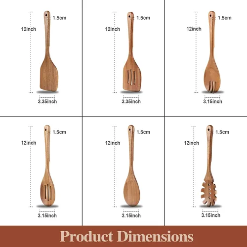 Vista 14 de Utensilios de cocina de madera, 6 piezas de cucharas de madera de acacia natural para cocinar con diseño antiadherente y resistente al calor, juego