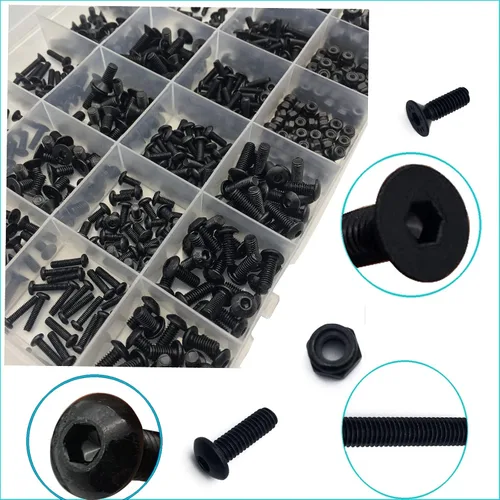 Vista 5 de 600 piezas de surtido métrico de pernos M2.5 M3 M4 de acero de aleación hexagonal de botón y cabeza plana, tornillos de máquina y tuercas