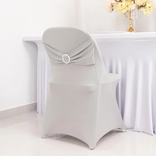 Vista 19 de Efavormart - Funda para silla de banquete de elastano beige con banda de hebilla de diamantes de imitación plateados, funda elástica para silla