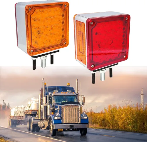 Vista 8 de 2 luces de guardabarros con pedestal de doble cara ámbar/roja con montaje de perno, 52 luces LED cuadradas para semirremolques, Peterbilt Kenworth