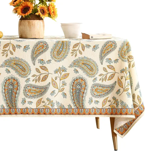 Vista 18 de [Usado] patdrea Mantel largo de lino de diseño verde para mesa rectangular, mantel vintage transpirable con patrón de frutas amarillas, funda