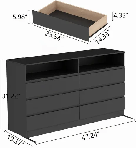 Vista 3 de Loomie Cómoda de 6 cajones para dormitorio, cómoda ancha con estación de carga y luces LED, muebles de dormitorio tradicionales, tocador