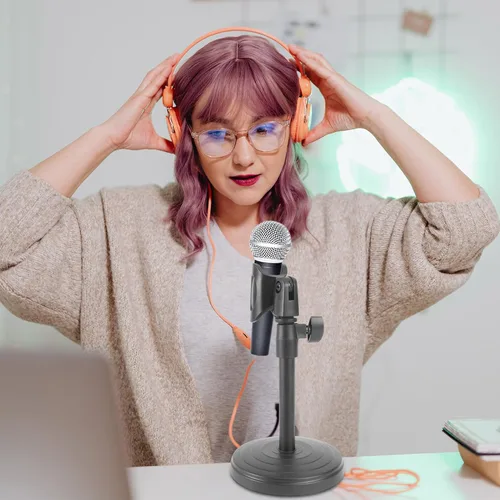 Vista 5 de Soporte de micrófono de escritorio ajustable con placa base estable, soporte de micrófono portátil para podcasting transmisión en vivo de radio