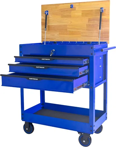 Vista 14 de Caja de herramientas con ruedas de 4 cajones, carrito de almacenamiento de herramientas con parte superior de madera, caja de herramientas