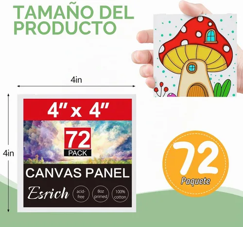 Vista 2 de ESRICH Mini lienzos para pintar, lienzo de 4 x 4 pulgadas a granel, paquete de 72 paneles de lienzo pequeños, lienzo de pintura de algodón