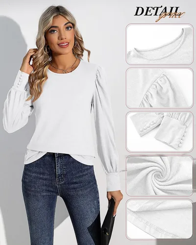 Vista 5 de Riyiper 2 piezas de camisetas de manga larga abombadas para mujer, estilo casual, holgadas, cuello redondo, puños con botón