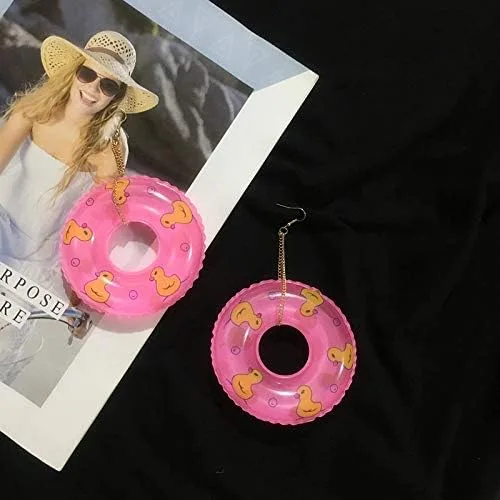 Vista 3 de Pendientes de anillo de natación ligeros con círculo punk y pato, bonitos aretes de verano para fiestas en la piscina, para mujeres y niñas, joyería