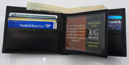 Vista 2 de AG Wallets Billetera plegable para hombre, piel de vaca real, 2 solapas centrales de identificación, 2 compartimentos para billetes