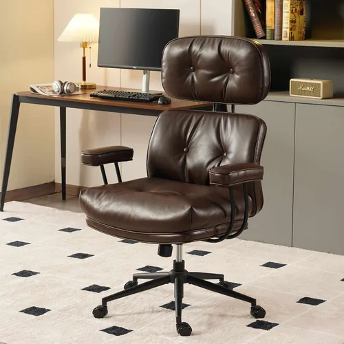 Vista 13 de Silla de oficina ergonómica para grandes y altos, silla ejecutiva moderna de mediados de siglo con soporte lumbar, respaldo alto, cojín grueso, piel