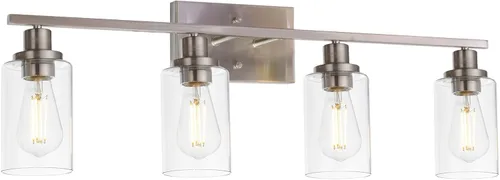 Vista 19 de MELUCEE Aplique de pared negro industrial vintage de 2 luces con pantalla de vidrio transparente y base de metal, luces de tocador de baño, apliques