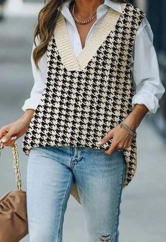 Vista 5 de Kisscynest Suéter de punto de gran tamaño con cuello en V para mujer, casual, holgado, sin mangas, suéter