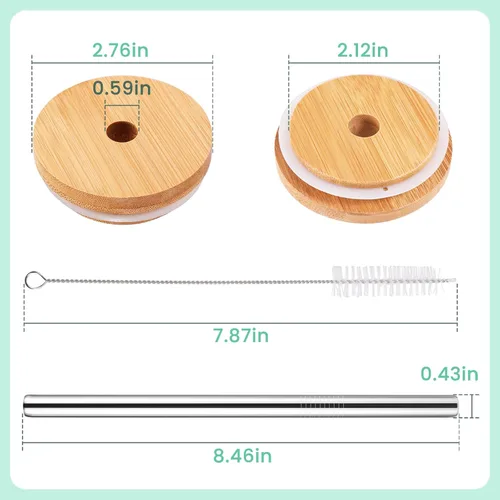 Vista 3 de Paquete de 3 tapas de bambú de boca regular con agujero para popote y popote compatible con tarro Mason, tapas de madera para tarros de boca regular