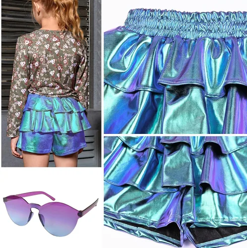 Vista 4 de Pantalones cortos metálicos plisados para niñas, con volantes brillantes, para patinadora, danza, cintura elástica, pantalones con gafas de sol