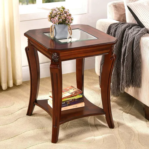Vista 9 de Mesa auxiliar tradicional con estante de almacenamiento y patas talladas, mesas de sala de estar de granja, mesa central rectangular de madera