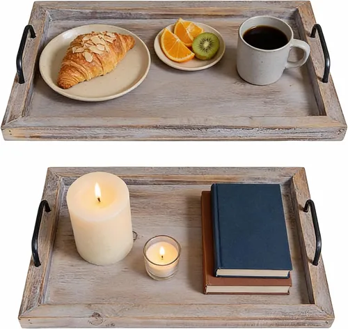 Vista 10 de Besti Bandejas rústicas vintage para servir comida (juego de 2) Tabla de madera anidable con asas de metal Elegantes bandejas de servir