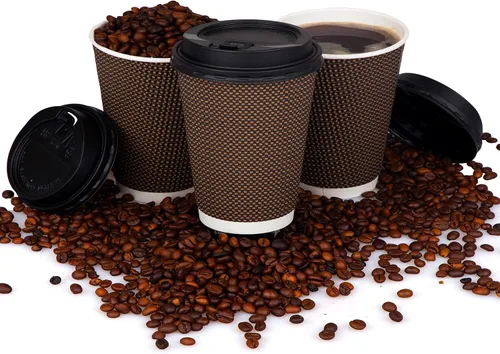 Vista 6 de Promora Tazas de café desechables marrones con tapas de 8 onzas, tazas de papel onduladas de papel aislado premium para café caliente, taza de café