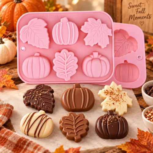Vista 2 de Crethinkaty 1 molde de silicona para chocolate con 6 cavidades de calabaza, hojas, hojas de arce, moldes para bricolaje, chocolate, dulces, gelatina