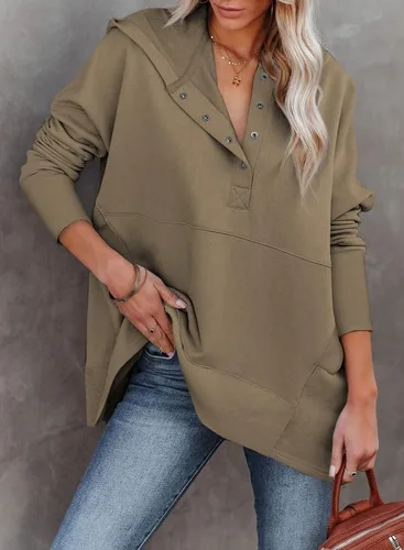 Vista 2 de SHEWIN Sudadera de gran tamaño para mujer, casual, con botones, cuello en V, con bolsillo