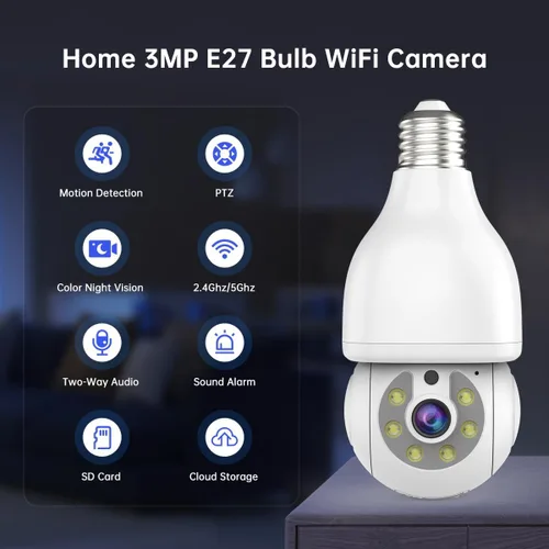 Vista 8 de EVERSECU HD 2K 3.0MP Cámara de seguridad de bombilla inalámbrica con conector de luz E27, seguimiento automático PTZ, audio de dos vías, visión