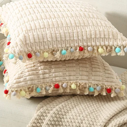 Vista 5 de Dongchen Juego de 2 fundas de almohada decorativas con pompones, de terciopelo suave, estilo bohemio, para sofá, cama, sofá, cama, sala de estar