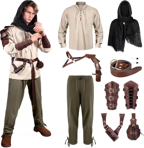 Vista 6 de Panitay Juego de disfraz renacentista para hombre de 8 piezas Color envejecido.