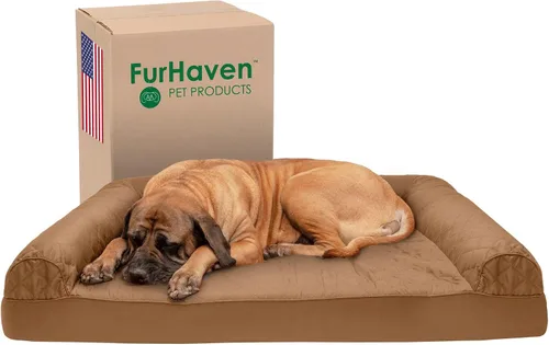 Vista 14 de Furhaven Sofá cama ortopédico para perro, sofá de espuma viscoelástica con refuerzos, felpa texturizada y funda resistente al agua, funda lavable