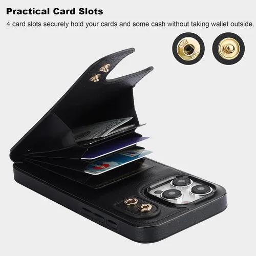 Vista 4 de Folosu Funda compatible con iPhone 15 Pro Max con soporte para tarjetas, rotación de 360°, soporte de anillo de dedo con función atril, bloqueo Negro