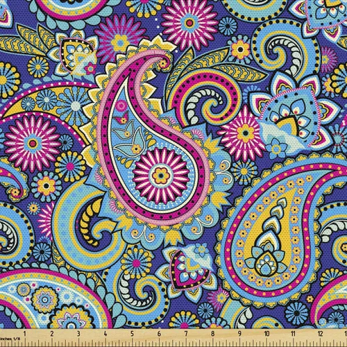 Vista 22 de Ambesonne Tela para Amantes de los Perros por Yarda, Perro Salchicha de Dibujos Animados Dachshund Cachorro con Pijamas a Rayas Flores y Mariposas