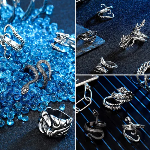 Vista 4 de Hicarer 8 piezas vintage punk anillos dragón serpiente pulpo Halloween anillo ajustable, Acero inoxidable