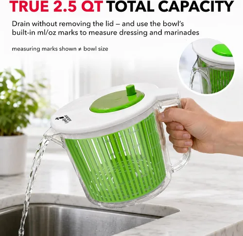 Vista 15 de Cooler Kitchen Pequeño plato giratorio para ensaladas, mini centrifugador y secadora de lechuga con tazón de taza medidora, lavadora compacta