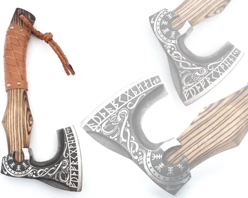 Vista 3 de [Usado] Hacha Vikinga de 13 Pulgadas - Hachetas y Hachas con Mango de Madera de Fresno y Envoltura de Cuero, Hacha para Partir Leña, Hacha
