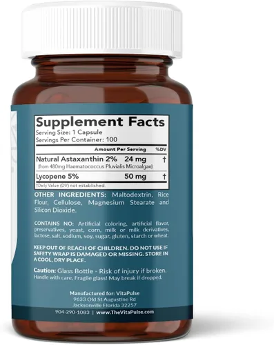 Vista 2 de Astaxantina 24 mg con suplemento de licopeno de 50 mg, 100 cápsulas vegetarianas, sin OMG, sin gluten