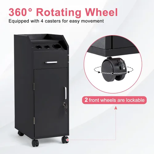 Vista 6 de Winado Carrito de almacenamiento de peluquería con ruedas y 3 soportes para secador de pelo, 4 cajones y cerradura y 2 llaves, estación de Negro